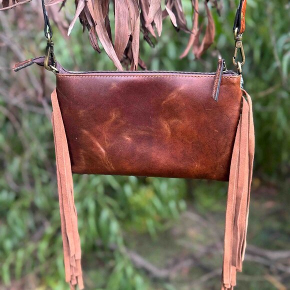 Genuine Leather Hair-on Tooled Bag Women's Western Handbag with Fringes - Picture 2 of 7